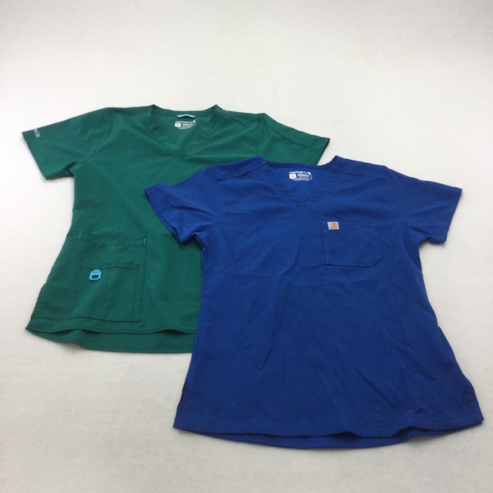 Carhartt Force Shirt Womens Small Blue Green V Neck Scrub Top Lot Of 2